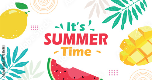 It’s Summer Time text with tropical fruits and leaves. Bright and fun seasonal design featuring lemon, mango, watermelon, and green foliage perfect for summer promotions and posters.