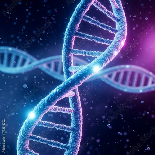 3D illustration of a DNA double helix structure on a glowing blue and purple background.