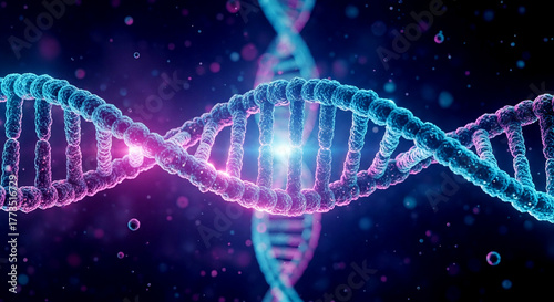 3D illustration of a DNA double helix structure on a glowing blue and purple background.