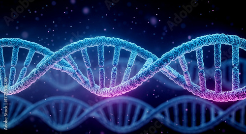 3D illustration of a DNA double helix structure on a glowing blue and purple background.