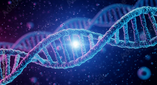 3D illustration of a DNA double helix structure on a glowing blue and purple background.