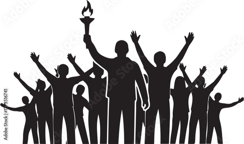 Diverse crowd celebrates human rights day holding torch of freedom uplifted hands