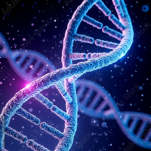 3D illustration of a DNA double helix structure on a glowing blue and purple background.
