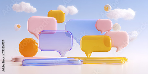 スマホでチャットする会話シーン（3D・アイコン） / Chat Conversation Scene on Smartphone (3D Icon)
