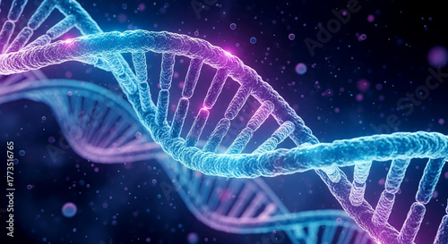 3D illustration of a DNA double helix structure on a glowing blue and purple background.