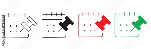 Collection of four calendar icons with push pins in various colors outline, black, red, and green