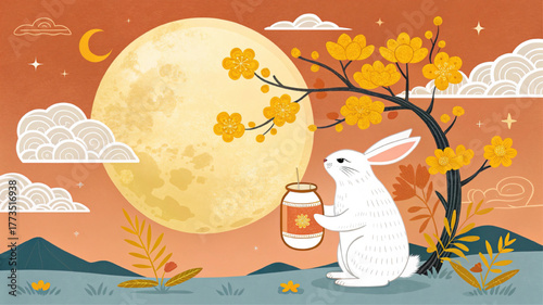 A Mid Autumn Festival illustration with a cute rabbit holding a lantern under the full moon. This vector background shows an asian holiday with clouds and blossom trees.