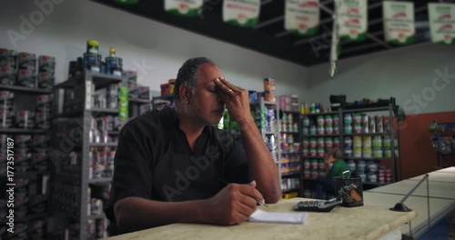 Male shop owner holding his head in frustration, overwhelmed by challenges, contemplating solutions, small business struggles in retail store environment