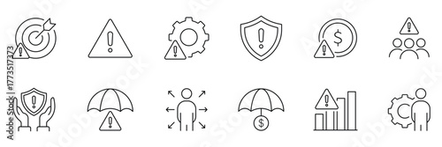 Risk Management web icon set in line style. Operation management icon. Risk analysis, risk investment, minimizing losses, plan, low cost, collection. Vector illustration.
