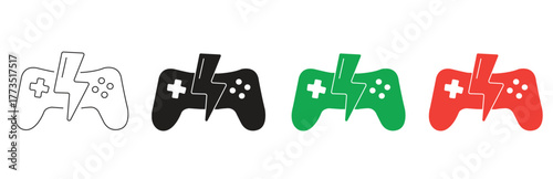 A collection of four video game controller icons with a lightning bolt symbol in various styles and colors