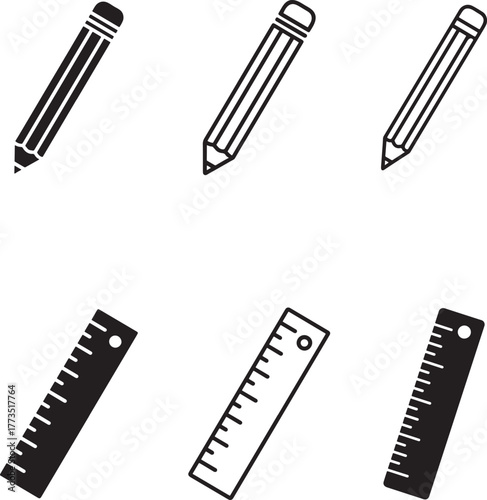 Collection of hand drawn icons representing pencils and rulers in line art and silhouette style