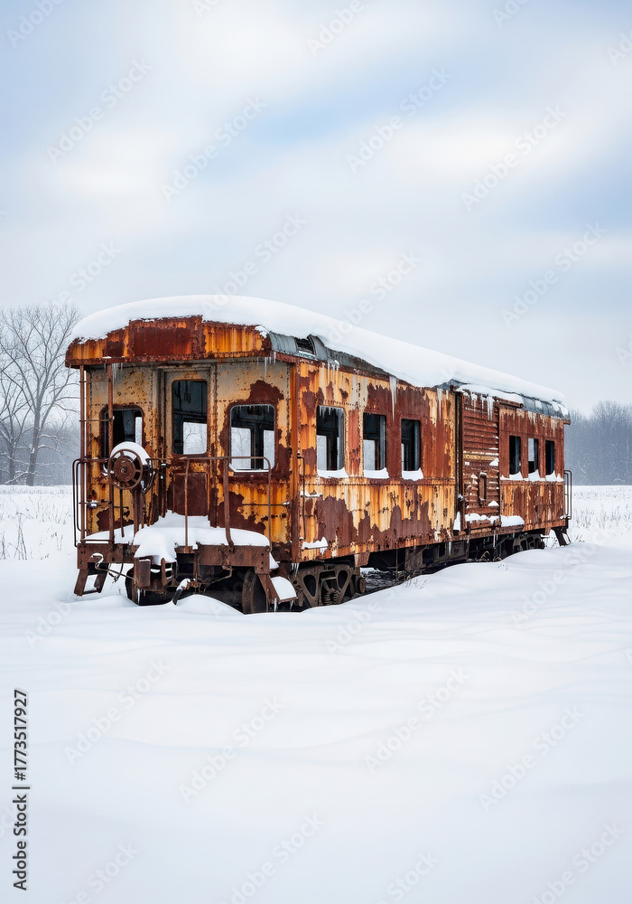 Naklejka premium Vintage train car covered in snow in a winter landscape