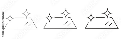Three simple line art icons depicting a clean, sparkling surface, possibly glass or a shiny object