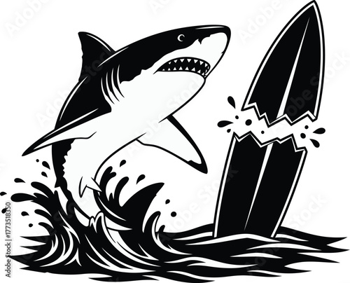 Silhouette Shark attack on broken surfboard vector graphic