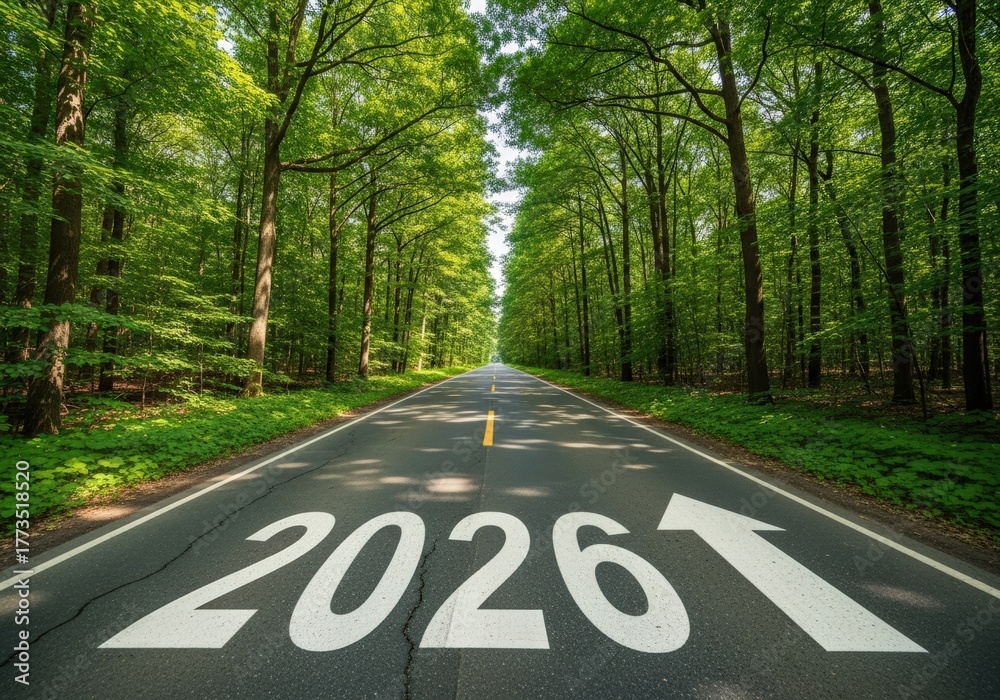 Obraz premium Road to 2026: A path forward through a lush green forest