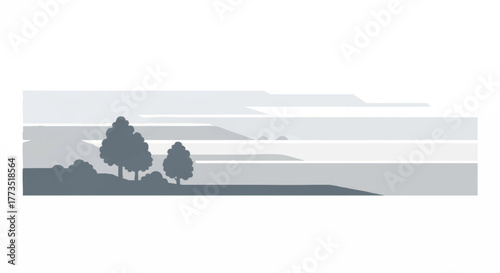 Fog and haze vector illustration of a minimalist landscape. Monochromatic nature scene with tree silhouettes. Simple flat graphic for a website banner or header