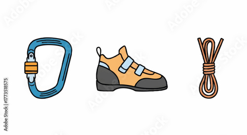 Rock climbing gear icon set. Vector illustration of a carabiner, shoe, and rope. Simple cartoon doodle style isolated on white background