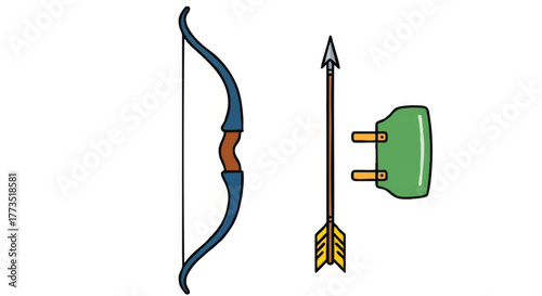 Archery equipment set vector illustration. A recurve bow, arrow, and arm guard. Flat cartoon design for sports and hobbies isolated on white.