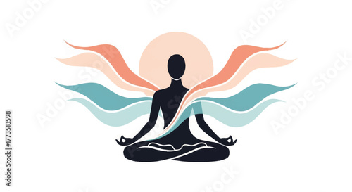 A silhouette of a person meditating in the lotus position. Vector illustration for yoga, mindfulness, and spiritual wellness. Minimalist flat design icon with abstract energy waves