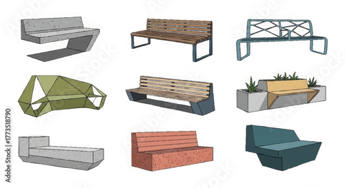A collection of modern urban benches. Vector illustration set of minimalist street and park furniture. Architectural elements for landscape design