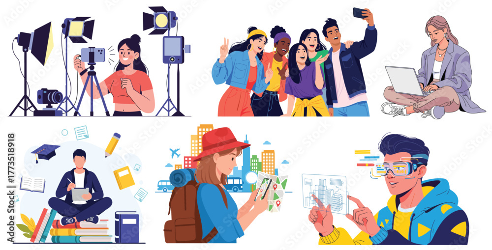Fototapeta premium People using gadgets set. diverse activity use gadget Flat graphic vector illustrations isolated on white background