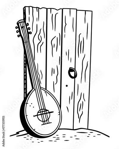 Minimilist a stringed instrument leans against a weathered wooden door in a simple black and white illustration vector
