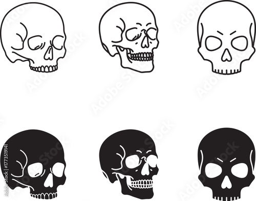 Collection of stylized skull illustrations in line art and silhouette style