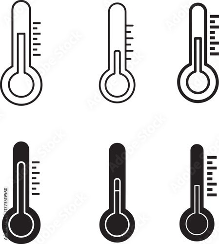 Collection of six thermometer icons in outline and solid fill styles