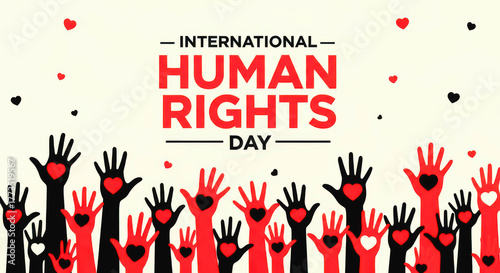 International human rights day with raised hands isolated on white background