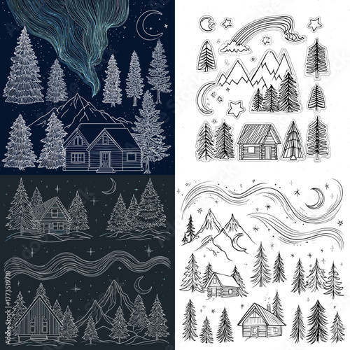 Magical winter landscape illustration of cabins, pine trees, mountains, and starry night sky. Hand-drawn line art style evoking calm, wonder, and Nordic inspiration.