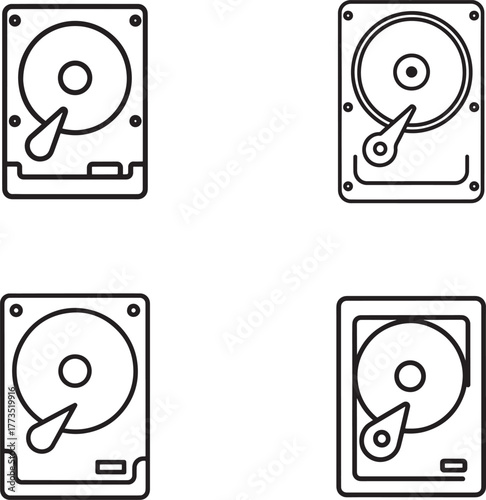 Four hand drawn illustrations of computer hard disk drives on white background