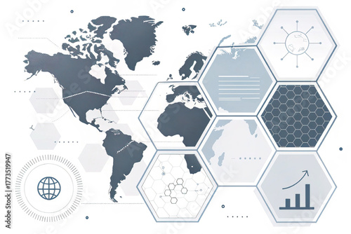 A global business infographic background with a world map and data hexagons. This vector concept illustrates technology, communication, and financial growth analysis.