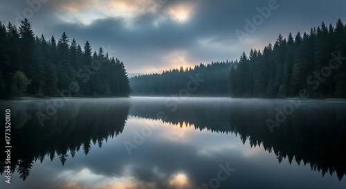 Dark Misty Forest and Pine Trees Reflected in Calm Lake at Cloudy Dawn