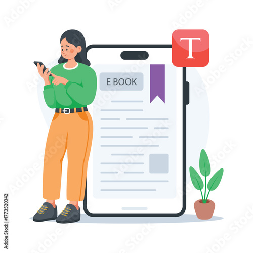 Student reading educational ebook on smartphone, flat concept illustration
