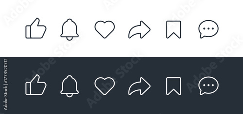 Social Media Interface Icons Set. Like, Notification, Heart, Share, Save, and Comment Symbols.
