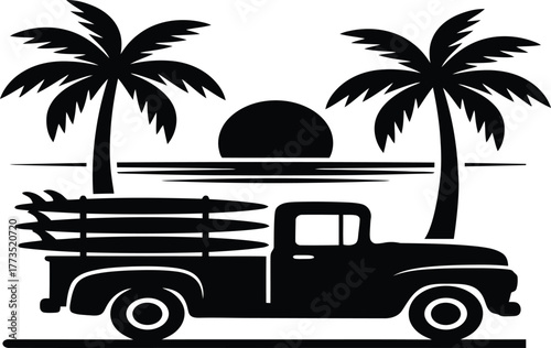 Pickup truck with surfboards silhouette on beach vector illustration