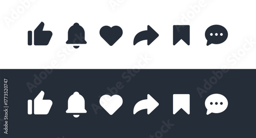 Social Media Interface Icons Set. Like, Notification, Heart, Share, Save, and Comment Symbols.