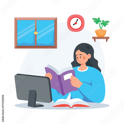 Flat illustration of a student studying from home using a computer and textbooks