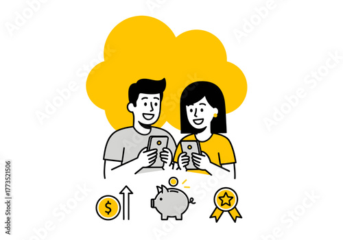 A happy couple uses their smartphones, surrounded by symbols of financial growth and reward, illustrating the ease and benefits of modern money management