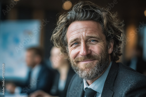 Mature and younger professionals collaborate in the office, with an older leader leading the way, emphasizing teamwork across generations.