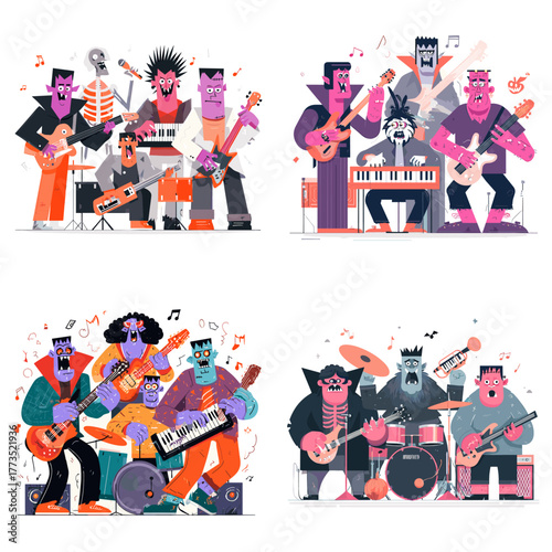 Funny cartoon monsters playing musical instruments in a rock band. Colorful Halloween-style illustration featuring drums, guitars, keyboards, and energetic characters.