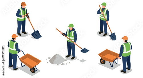 Construction workers in safety gear performing outdoor tasks with tools