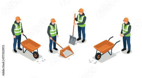 Construction workers in safety gear with equipment on white background