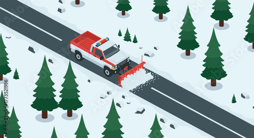 Snow plow on winter road in pine forest scenic, isometric view