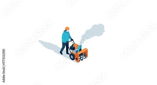 Worker operating snow blower in winter isometric scene with safety gear