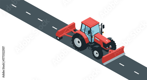 Isometric red tractor with snow plow on road winter equipment and machinery design