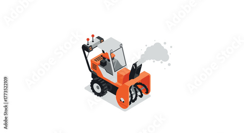 Isometric snow blower in action with smoke effect on transparent background
