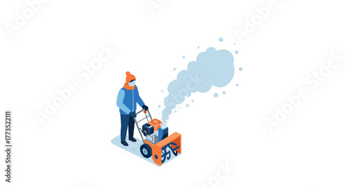 Isometric winter worker operating snow blower in minimal style