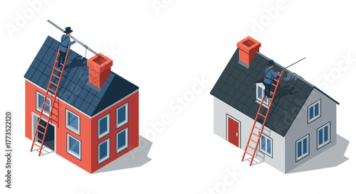 Chimney sweeps at work on rooftops in isometric style