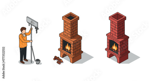 Isometric chimney building stepbystep process with construction worker and tools